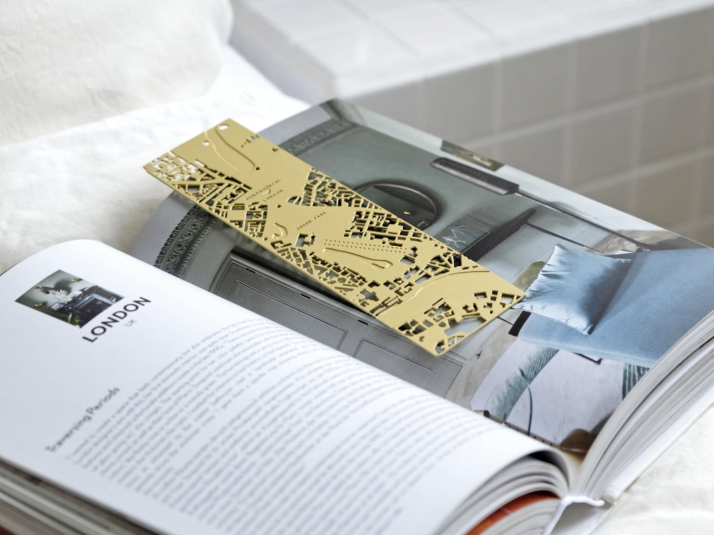 London Bookmark laid in an open book about London