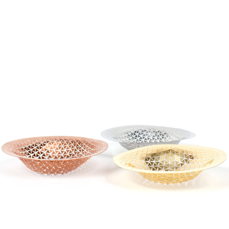 Three Push Small Bowls in copper, steel and brass, seen from above