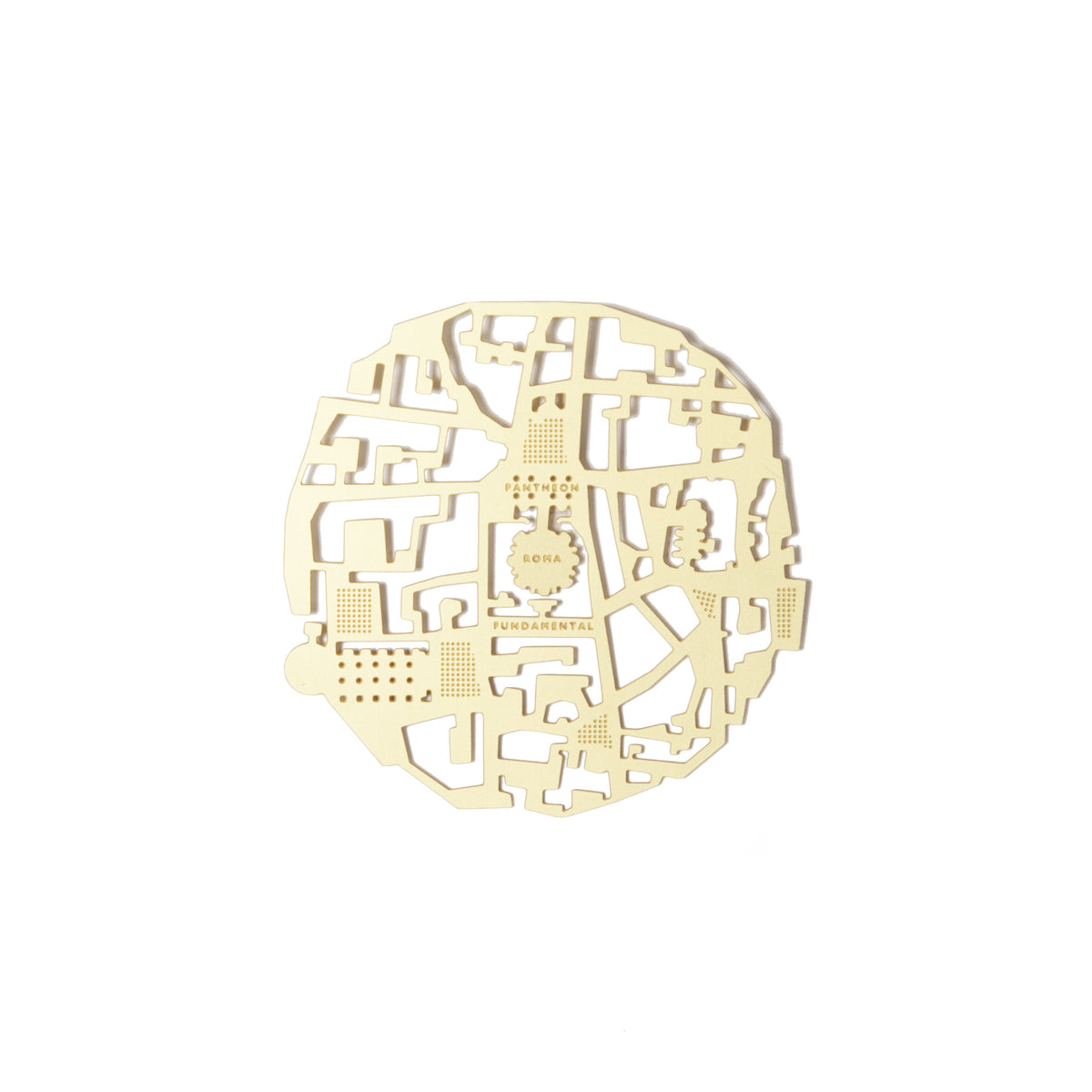 Roma 2 Coasters, a round brass coaster cut with Nolli's plan of Rome