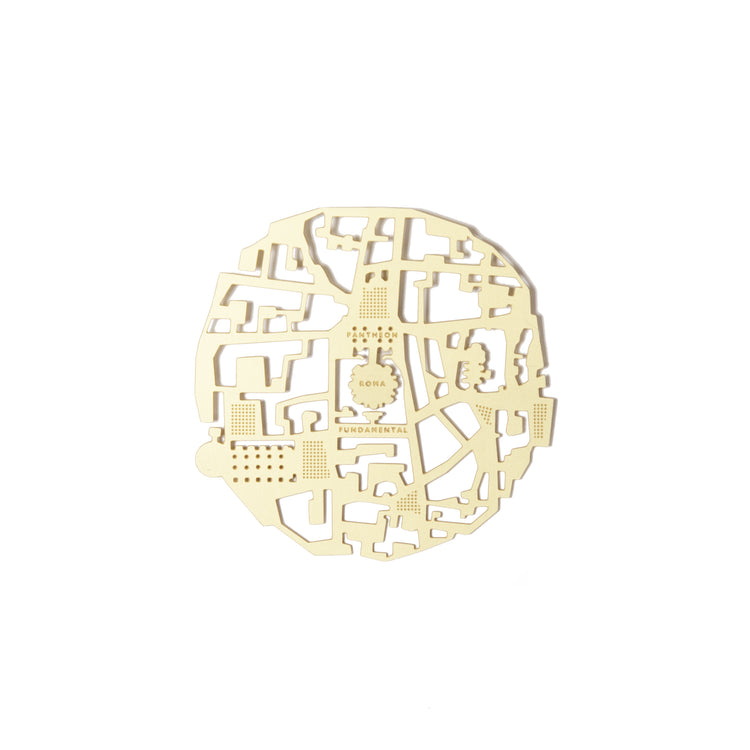 Roma 2 Coasters, a round brass coaster cut with Nolli's plan of Rome